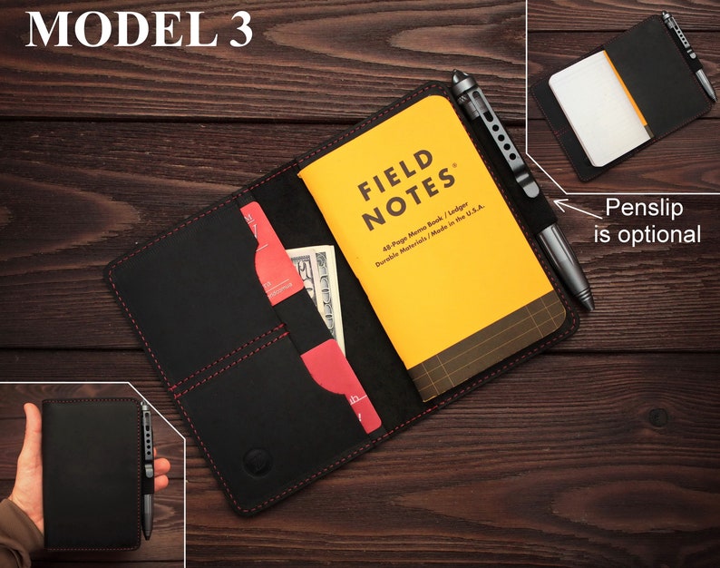 Puede incluir: Cartera de cuero negro para cuaderno con costuras rojas, un cuaderno Field Notes amarillo y un bol&iacute;grafo plateado. La cartera tiene un bolsillo para tarjetas y efectivo. "Penslip is optional" est&aacute; escrito en la imagen.
