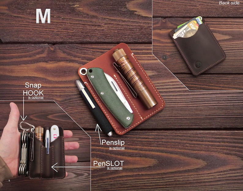 May include: A brown leather wallet with multiple pockets and slots for carrying cards, cash, and a pen. The wallet has a snap hook and a pen slip. The wallet is shown on a wooden surface.