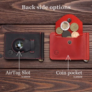 May include: Two leather wallets with different back side options. The black wallet has a slot for an AirTag, and the red wallet has a coin pocket. Both wallets have a money clip.