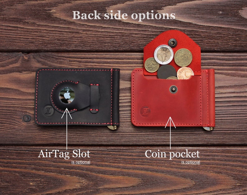 May include: Two leather wallets with different back side options. The black wallet has a slot for an AirTag, and the red wallet has a coin pocket. Both wallets have a money clip.