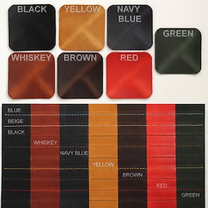 May include: Leather swatches in a variety of colours, including black, yellow, navy blue, green, whiskey, brown, and red. The swatches are arranged in two rows, with the top row labelled with the colour names and the bottom row showing the colours in a striped pattern.