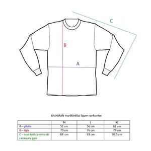 May include: A size chart for long-sleeved shirts with measurements in centimeters for the width, length, and sleeve length. The chart includes sizes M, L, and XL.