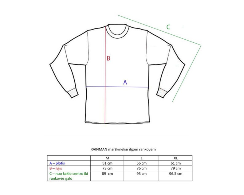 May include: A size chart for long-sleeved shirts with measurements in centimeters for the width, length, and sleeve length. The chart includes sizes M, L, and XL.