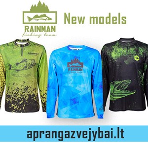 May include: Three long-sleeved fishing shirts with different designs. The shirts are blue, green, and black with a camouflage pattern. The shirts feature the text "Rainman Fishing Team" and a fish graphic. The text "New models" is at the top of the image. The text "aprangazvejbai.lt" is at the bottom of the image.