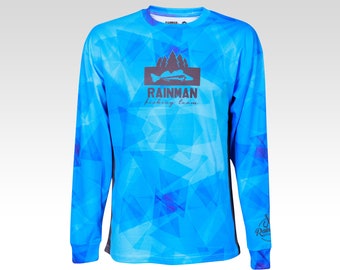 Performance fishing shirts, Fishing gifts for men, Long sleeve fishing t-shirt RAINMAN CrystalBlue. T-shirt with fish logo. UPF 50+.