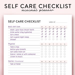 Puede incluir: Una lista de verificación de autocuidado imprimible con un rastreador semanal para el autocuidado básico, las actividades físicas y el bienestar mental/emocional. La lista de verificación incluye tareas como lavarse la cara, beber agua, dormir bien, tomar una siesta, notar la respiración, tomar aire fresco, bailar, escuchar música y hablar con un amigo.