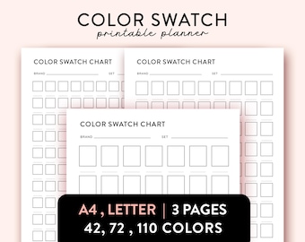 May include: Printable color swatch chart with three pages, designed to hold 42, 72, or 110 colors. Each page has a section for the brand and set name.