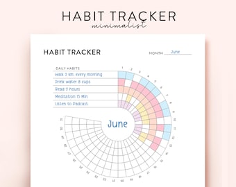 Circle Habit Tracker Printable, 30 days Habit tracker, Routine Tracker, Monthly Habit Chart template, 30Days Habit Challenge, Wheel of Life