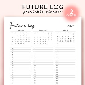 Puede incluir: Un planificador de registro futuro imprimible para el año 2025. El planificador incluye tres meses: enero, febrero y marzo. Cada mes tiene una cuadrícula de calendario con los días de la semana etiquetados y numerados. Hay líneas en blanco debajo de cada mes para escribir notas o citas.