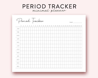 May include: A black and white printable period tracker calendar with the text "Period Tracker" and "minimal planner" at the top. The calendar is divided into months and days, with a space for each day to mark a period.