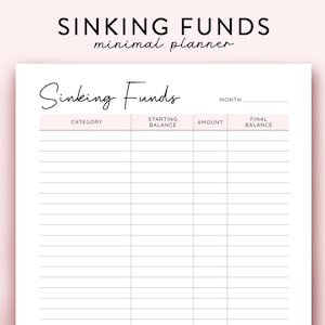 May include: A printable sinking funds tracker with columns for category, starting balance, amount, and final balance. The tracker is designed to help people save money for specific goals.