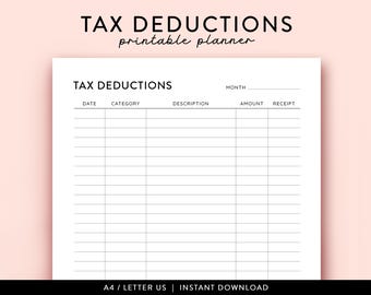 Tax Deduction Tracker Printable, Financial planner Printable, Business Tax Log, Purchase Records, Tax Organizer, Budget Planner