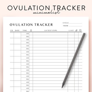 Op de afbeelding: Een zwart-witte printbare ovulatietracker met kolommen voor cyclusdag, datum, tijd, LH-teststrips en LH-P. De tracker heeft een titel die "OVULATION TRACKER minimalist" zegt.