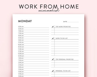 Puede incluir: Una página de planificador imprimible en blanco y negro para el lunes con un diseño minimalista. La página está dividida en dos columnas. La columna de la izquierda tiene un horario de 6:00 am a 5:00 pm. La columna de la derecha tiene cuatro secciones: Principales prioridades laborales, Lista de tareas por hacer, Principales prioridades personales y Lista de tareas personales por hacer.