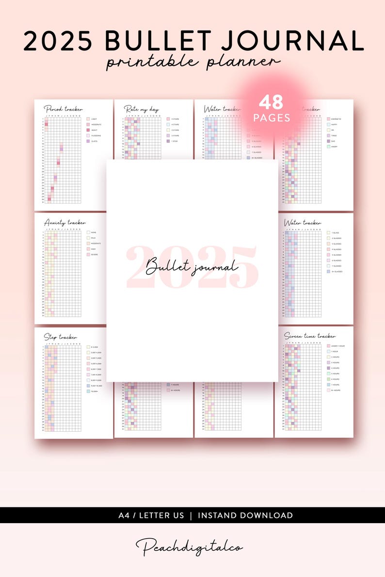 2025 Bullet Journal printable, Yearly trackers bundle printable, Bujo template, Year at a glance, Premade Bujo Journal Pages, Mood tracker