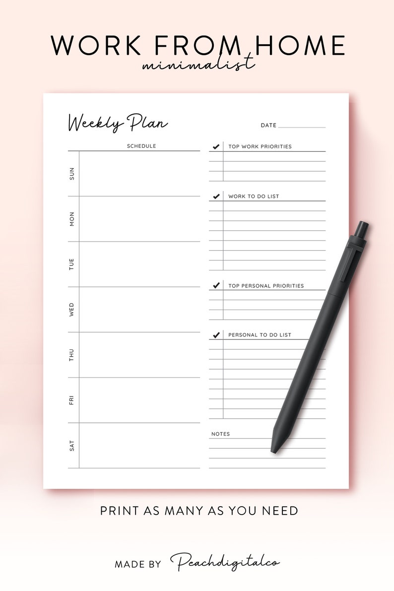Monthly Weekly Printable Work From Home Planner Personal Daily Planner, Productivity Planner, Daily Hourly Planner, Work Daily Planner