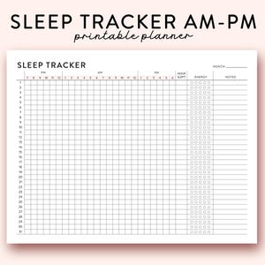 Op de afbeelding: Een printbare slaaptracker-planner met een raster om slaapuren, energieniveaus en notities bij te houden. Het raster is verdeeld in 24 uur, met kolommen voor AM en PM. De planner bevat ook een sectie voor de maand.