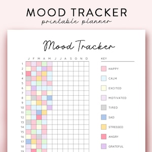 May include: A printable mood tracker with a grid for each month of the year. The grid is colour-coded to track different moods, including happy, calm, excited, motivated, tired, sad, stressed, angry, and grateful.
