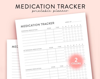 Könnte beinhalten: Druckbarer Medikamenten-Tracker-Planer mit Abschnitten für Morgen-, Nachmittag- und Abendmedikamente. Der Planer enthält ein wöchentliches Raster mit Kreisen zur Verfolgung der Medikamenteneinnahme. Der Text "2 Farben" ist in der unteren rechten Ecke sichtbar.
