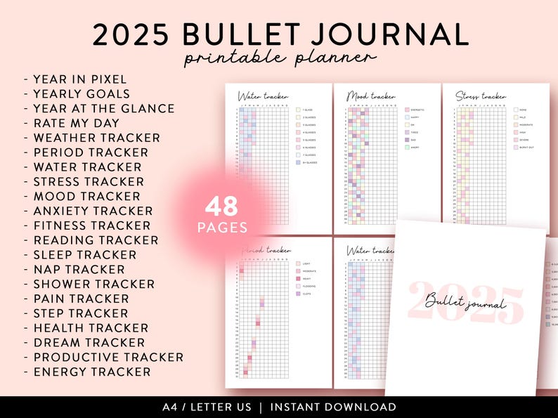 2025 Bullet Journal printable, Yearly trackers bundle printable, Bujo template, Year at a glance, Premade Bujo Journal Pages, Mood tracker