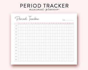 May include: A black and white printable period tracker with the text "Period Tracker" and "minimal planner" at the top. The tracker has a grid with the months of the year listed on the left and the days of the month listed at the top.