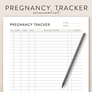 Op de afbeelding: Een printbare zwangerschapstracker met kolommen voor cyclusdag, datum, tijd, DPO, HCG-teststrips, plus of min, en notities.