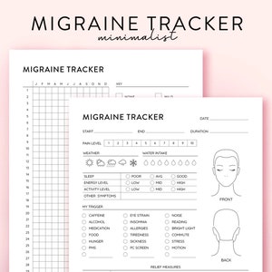 Op de afbeelding: Een zwart-witte printbare migraine tracker met een kalender, een sectie voor het bijhouden van migraine symptomen en een sectie voor het bijhouden van triggers en verlichtingsmaatregelen.