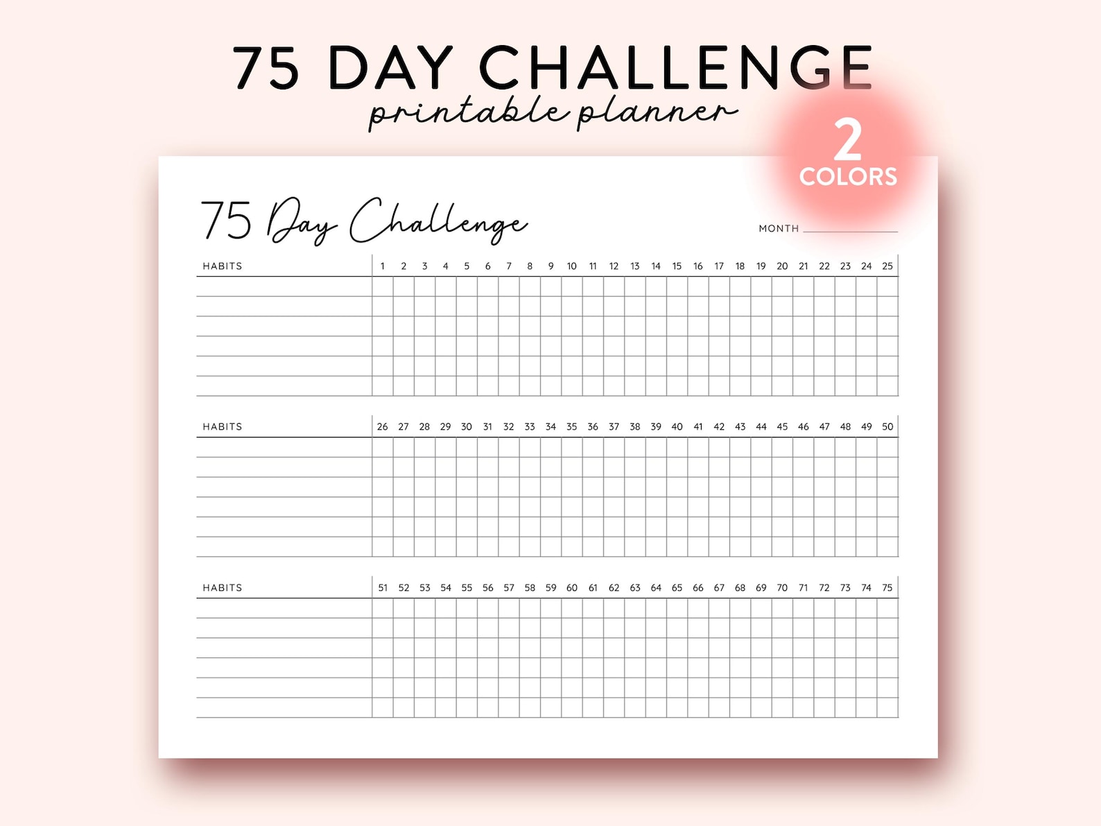 75 Day Challenge Printable Landscape, Daily 75 Day Challenge Journal ...