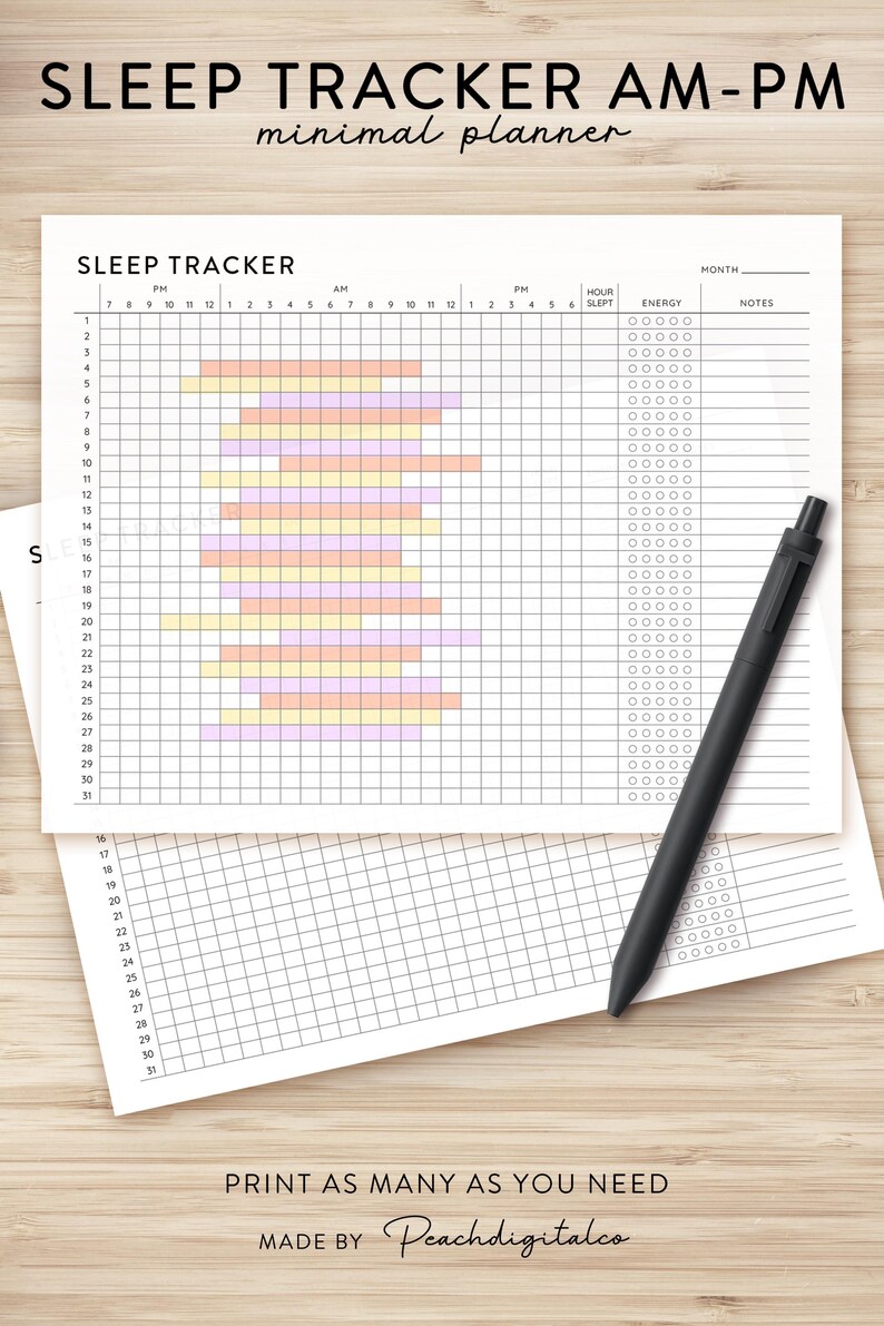 Sleep Tracker Printable, Monthly Sleep Tracker Planner Printable PDF, Sleep log AM PM Sleep Tracker Digital Landscape Planner Habit Tracker