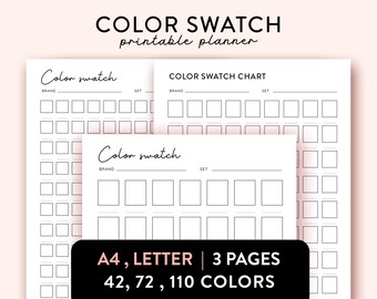 May include: Printable color swatch chart with three pages for organizing paint colors. The chart has space for 42, 72, and 110 colors. The chart is labeled "Color Swatch Chart" and has space for the brand and set name.