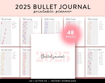 2025 Bullet Journal printable, Yearly trackers bundle printable, Bujo template, Year at a glance, Premade Bujo Journal Pages, Mood tracker