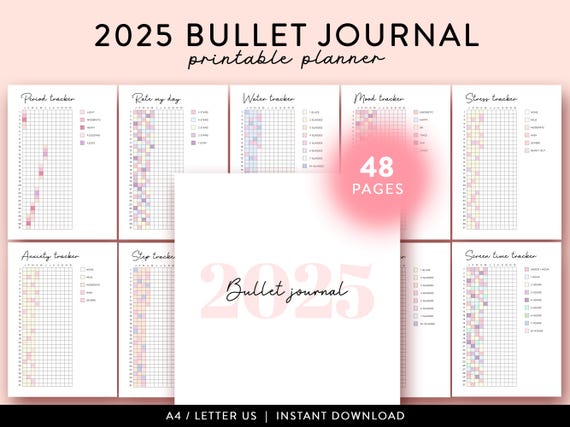 2025 Bullet Journal printable, Yearly trackers bundle printable, Bujo template, Year at a glance, Premade Bujo Journal Pages, Mood tracker