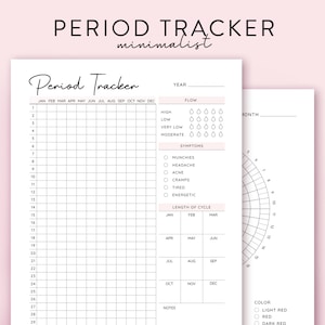 Puede incluir: Un rastreador de períodos imprimible con una cuadrícula de calendario, un gráfico de flujo y una lista de verificación de síntomas. El rastreador incluye secciones para el año, el flujo, los síntomas, la duración del ciclo y las notas.