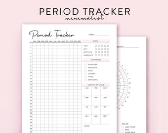 May include: A printable period tracker with a calendar grid, flow chart, and symptom checklist. The tracker includes sections for year, flow, symptoms, length of cycle, and notes.