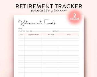 Retirement Funds Tracker Printable, Financial Planner, Savings Planner, Retirement tracker, Contribution Tracker, Financial plan printable