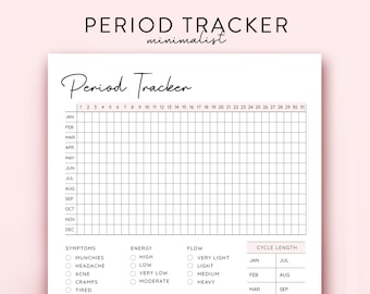 Planificador de períodos imprimible minimalista, planificador de períodos digital para mujeres, seguimiento de ciclos para seguimiento de síntomas, planificador de períodos, diario de períodos