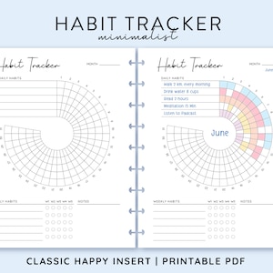 May include: A printable habit tracker with a minimalist design. The tracker has two sections, one for daily habits and one for weekly habits. The daily habit section has a circular chart with 30 days, and the weekly habit section has a grid with 5 columns for each day of the week. The tracker is designed for the month of June.
