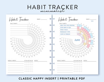 May include: A printable habit tracker with a minimalist design. The tracker has two sections, one for daily habits and one for weekly habits. The daily habit section has a circular chart with 30 days, and the weekly habit section has a grid with 5 columns for each day of the week. The tracker is designed for the month of June.
