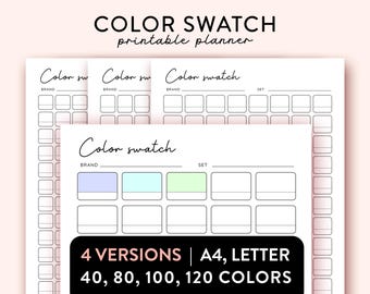 May include: Printable color swatch planner with four versions for 40, 80, 100, and 120 colors. The planner includes sections for brand and set names.