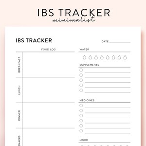 Puede incluir: Un rastreador de IBS imprimible con secciones para el registro de alimentos, la ingesta de agua, los suplementos, los medicamentos y el estado de ánimo. El rastreador tiene un diseño minimalista con texto negro sobre fondo blanco.