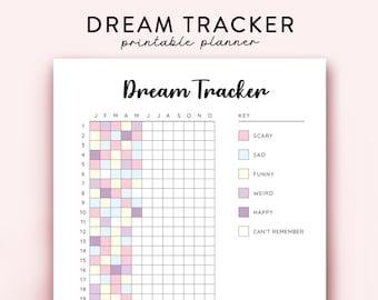 May include: A printable dream tracker with a grid for each month of the year. The grid is color-coded to track different dream types: scary, sad, funny, weird, happy, and can't remember.