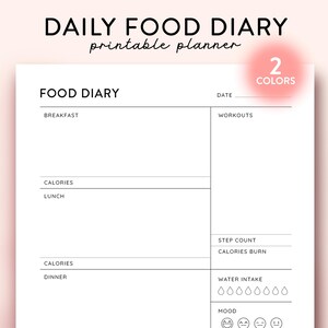 Daily Food Diary Printable, Daily Food Journal, Meal Planner, Daily Calorie Tracker, Calorie Counting, Daily Food Planner, Meal Journal