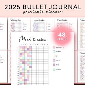 2025 Bullet Journal printable, Yearly trackers bundle printable, Bujo template, Year at a glance, Premade Bujo Journal Pages, Mood tracker