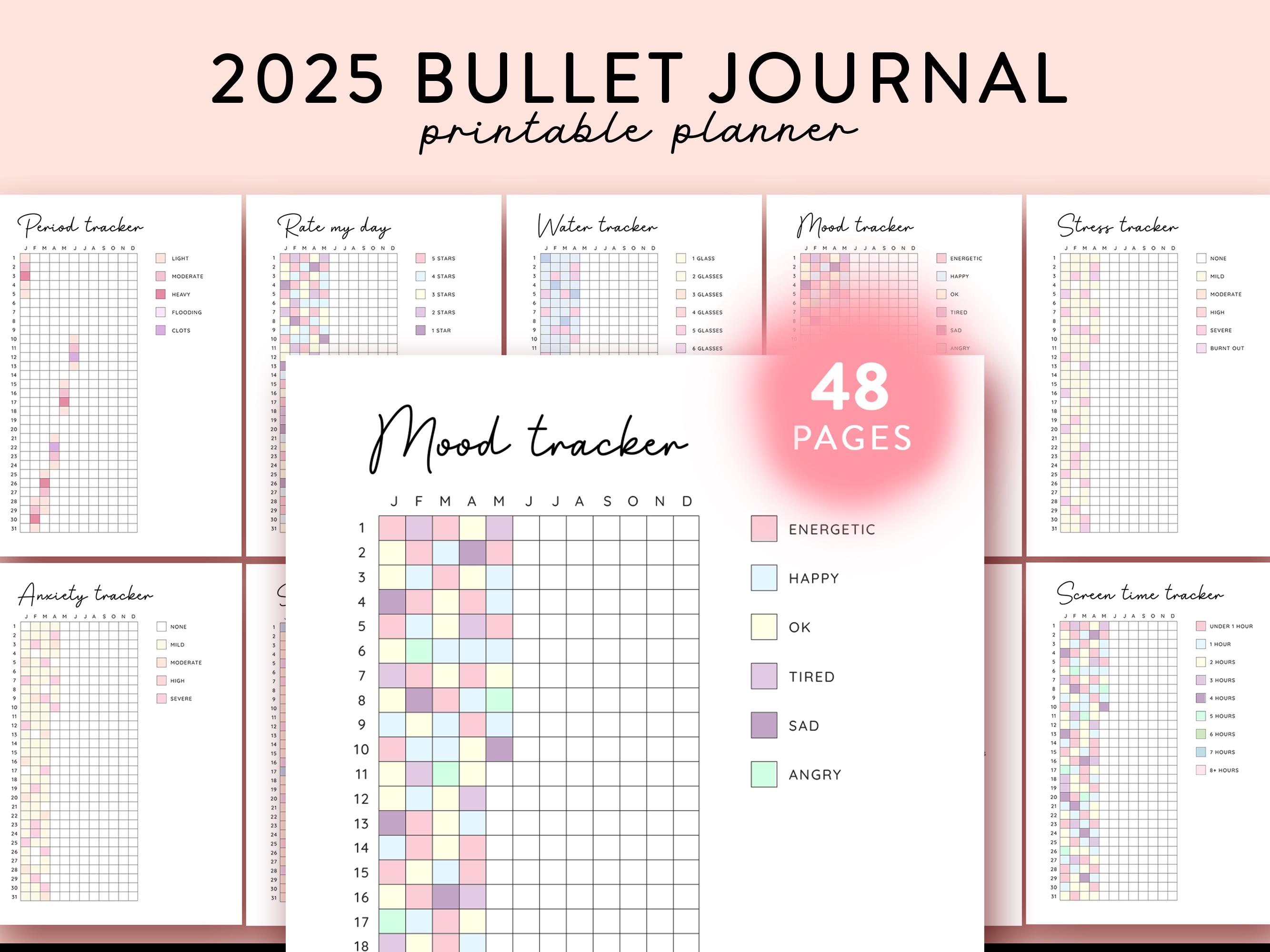 2025 Bullet Journal printable, Yearly trackers bundle printable, Bujo template, Year at a glance, Premade Bujo Journal Pages, Mood tracker