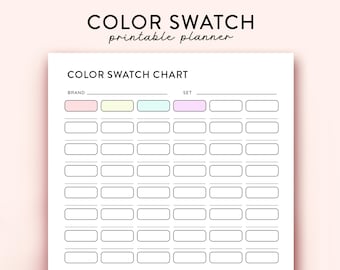 May include: Printable color swatch chart with blank boxes for recording paint colors. The chart has sections for brand and set names. The top of the chart has a title that reads "Color Swatch Chart" and "Printable Planner".