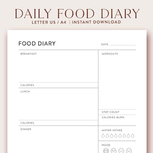 Daily Food Diary Printable, Daily Food Journal, Meal Planner, Daily Calorie Tracker, Calorie Counting, Daily Food Planner, Meal Journal