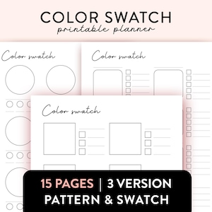 Könnte beinhalten: Druckbare Planerseiten mit drei verschiedenen Layouts für Farbmuster. Jede Seite trägt oben den Text "Farbmuster" und enthält Kreise und Quadrate für Farbmuster.