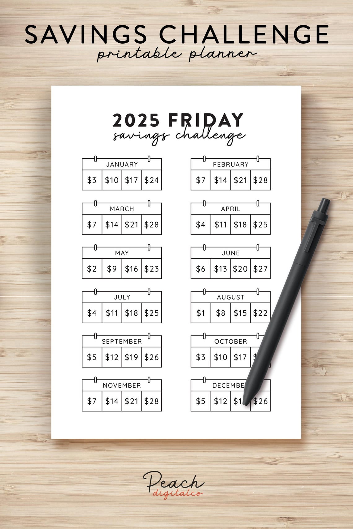2025 Friday Savings Challenge Printable, Save 800 Challenge Monthly Low ...