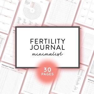 Op de afbeelding: Een printbaar vruchtbaarheidsdagboek met 30 pagina's. Het dagboek bevat secties voor het bijhouden van menstruatie, ovulatie, basale lichaamstemperatuur, medicatie en zwangerschap.