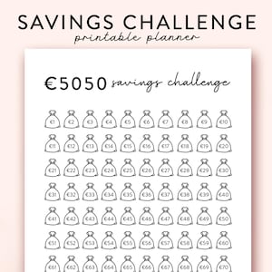 Op de afbeelding: Een printbare spaaruitdagingstracker met 70 zwart-witte geldzakpictogrammen. Elke zak is gelabeld met een euroteken en een nummer van 1 tot 70. De tekst "€5050 savings challenge" staat bovenaan de pagina.